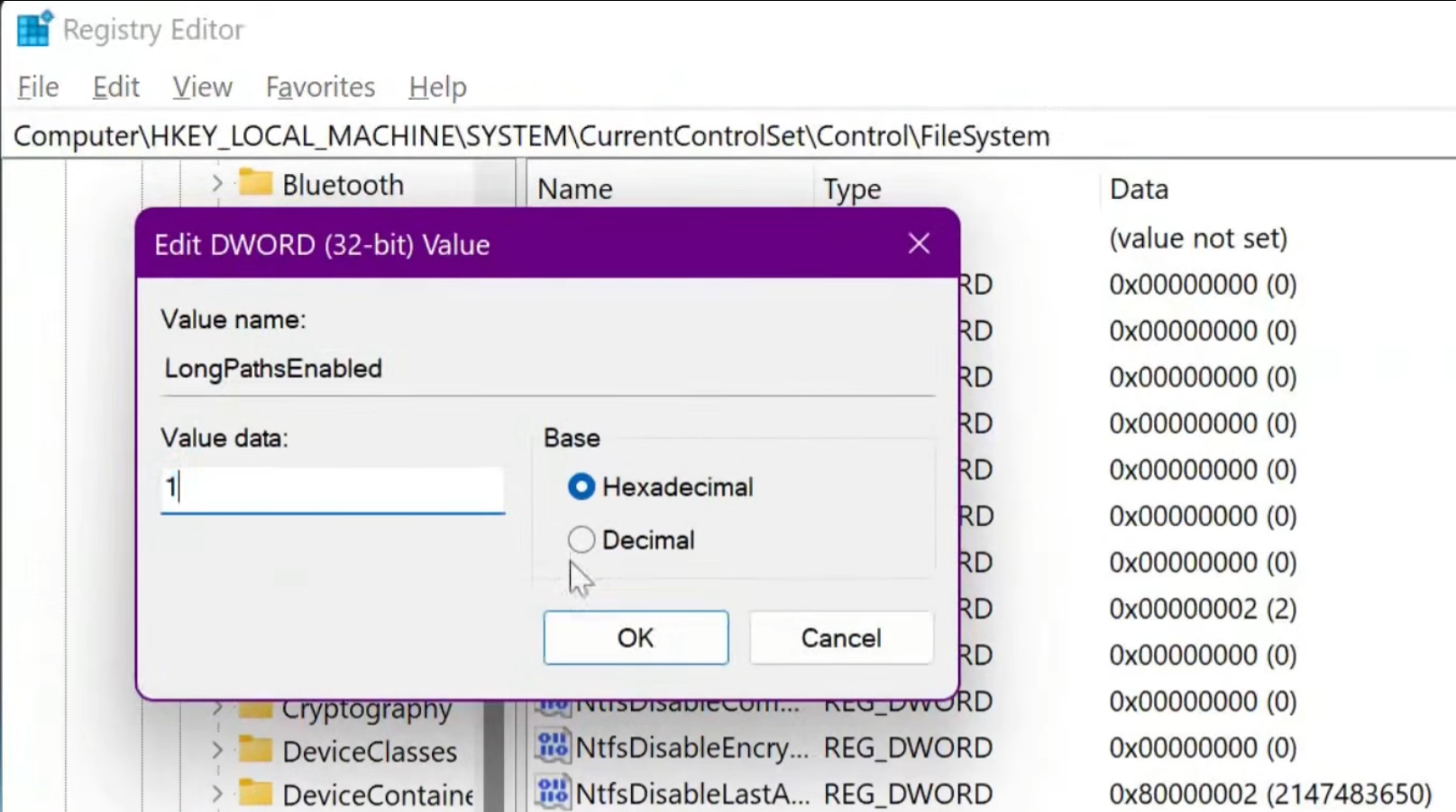 Setting the LongPathsEnabled variable in Registry