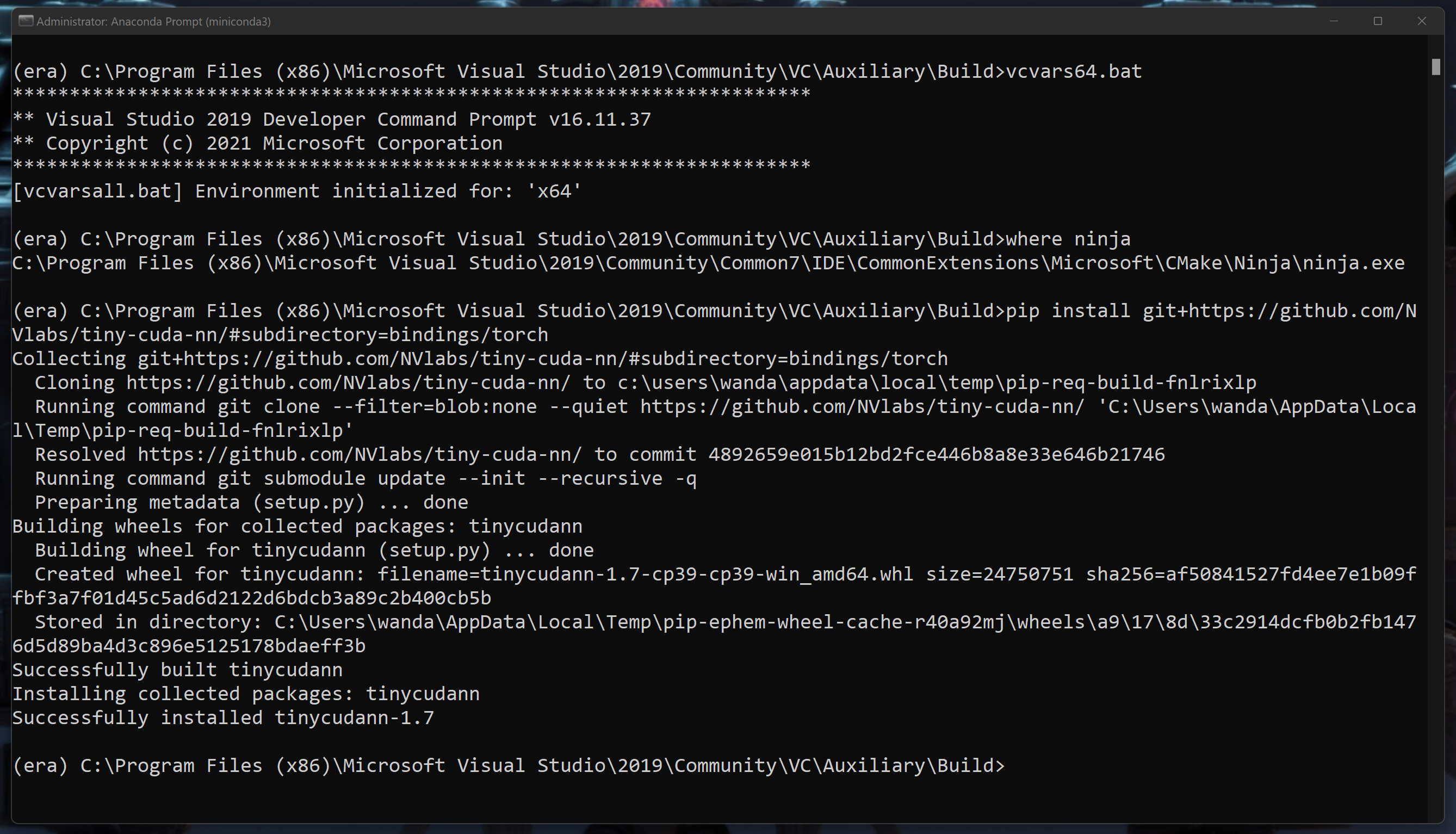 anaconda command prompt, installing tinycudann on windows