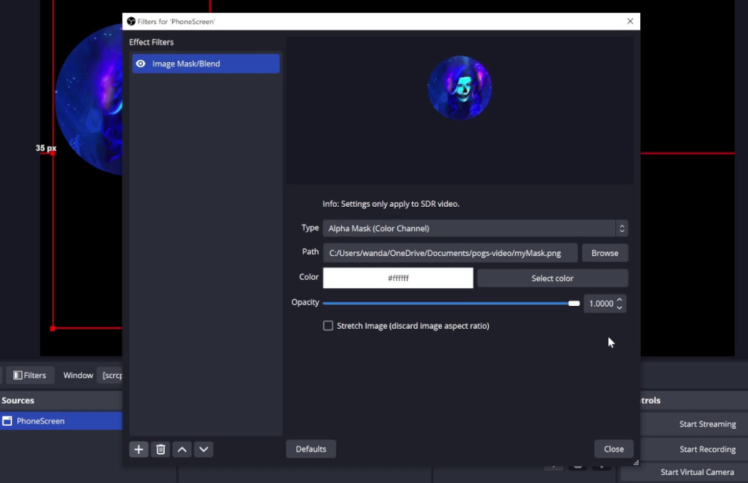 Adding the alpha mask in OBS